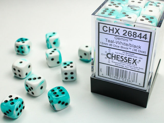 CHX26844 36d6 Teal-White/Black Gemini 12mm Dice image 0